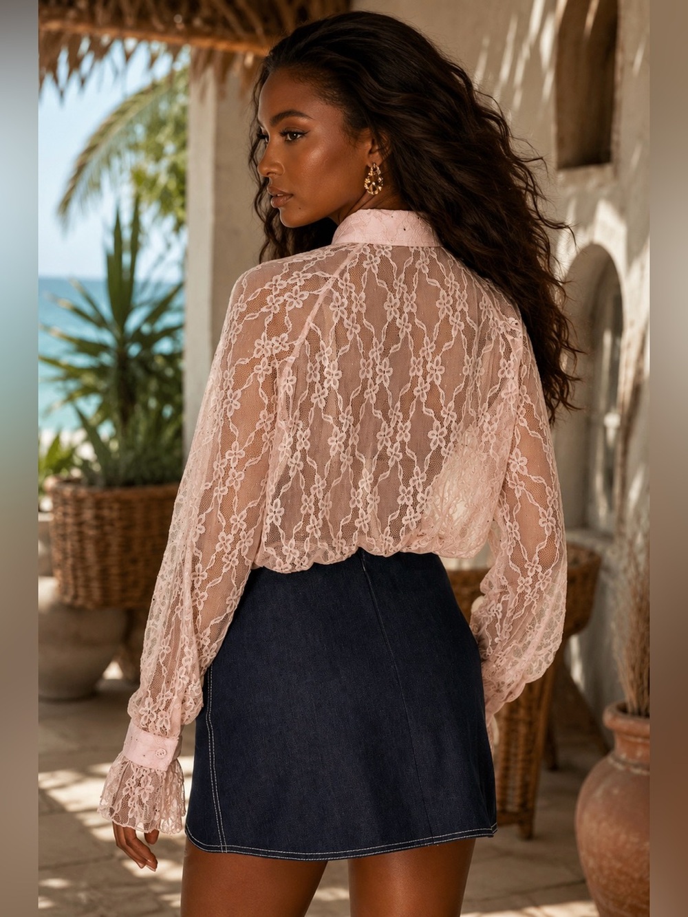Romantic Pink Sheer Lace Ruffle Blouse - Women's Tops - Picture 2 of 3